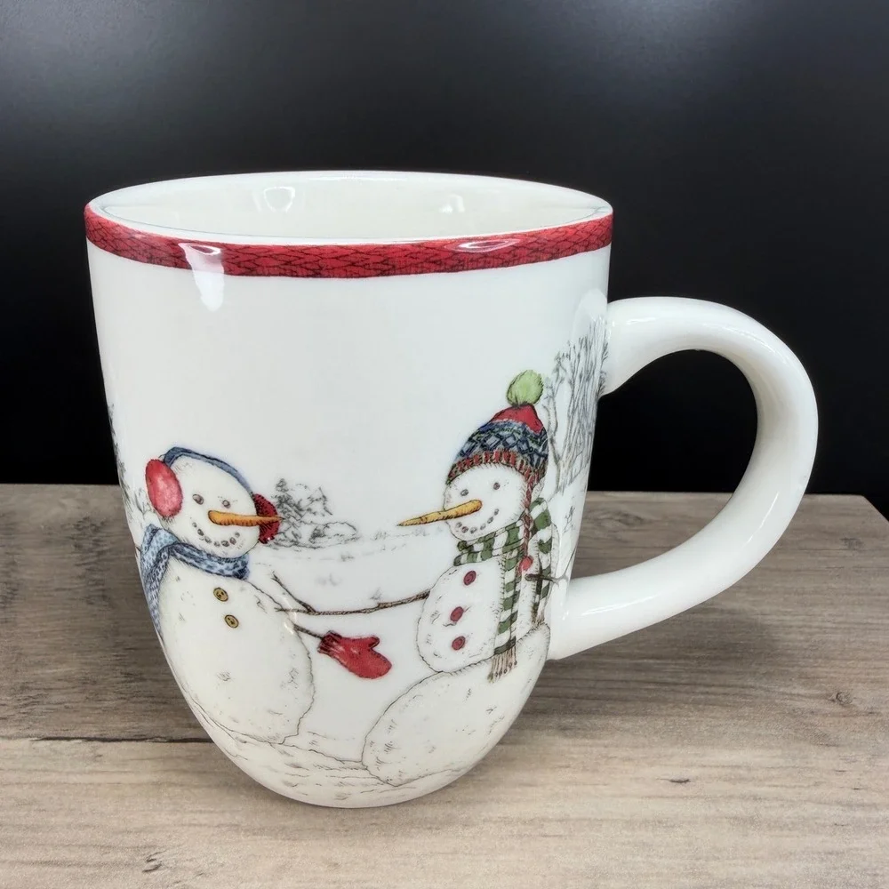 Williams Sonoma Snowman Christmas Coffee Mug Cup Winter Village Scene‎ 13OZ